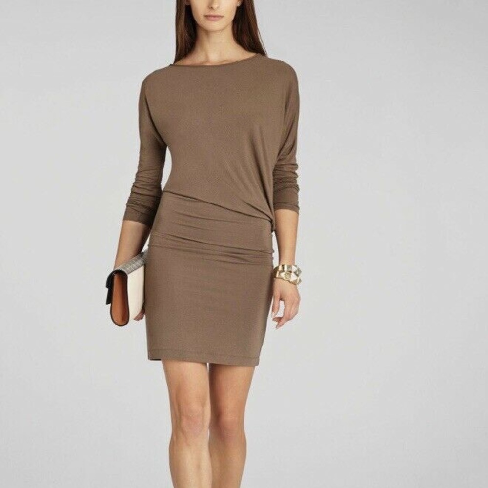 BCBG long sleeve bodycon mini dress in neutral taupe